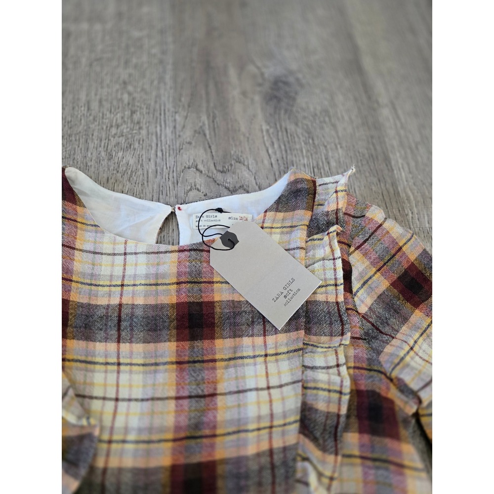 Zara Girls Plaid‎ Ruffle Dress Burgundy Mustard Size 13-14  NEW - Picture 2 of 9